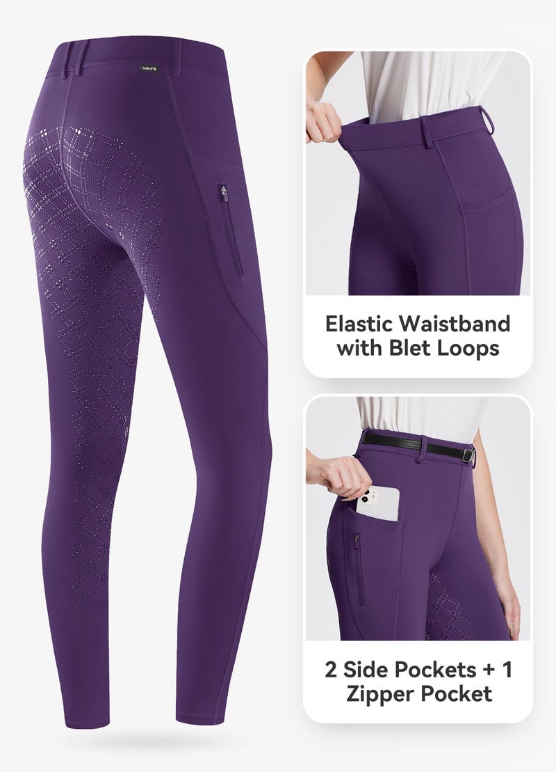 باليف سراويل Baleaf النسائية لركوب الخيل، سراويل الفروسية ذات المقعد الكامل، سراويل ضيقة من السيليكون، جيب بسحاب، أرجواني M - Image 5